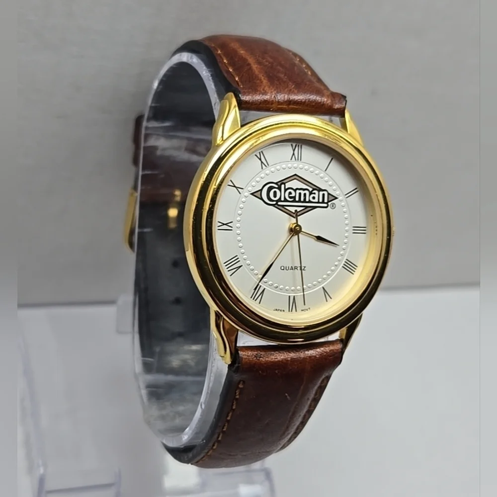 Coleman Quartz 18k Gold Plated Roman Numeral Dial Mens Leather Strap New Battery